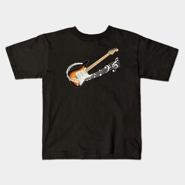 Music Staff Sunburst Electric Guitar Kids T-Shirt by nightsworthy